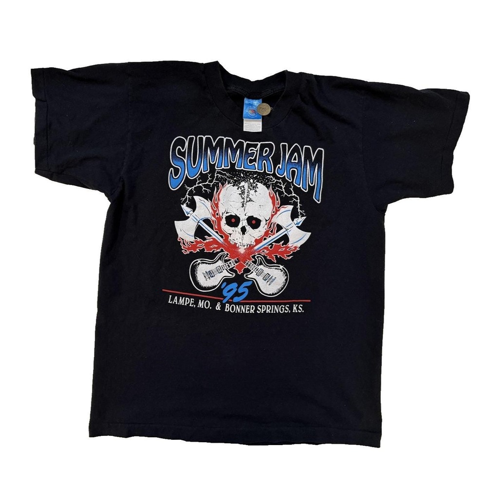 Vintage 1995 Summer Jam‎ Shirt Mens Large Black Skull AX Rock Band Single Stitch